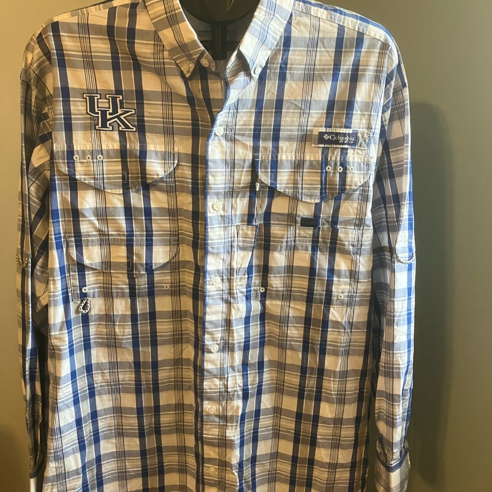 Columbia PFG Super Bonehead UK Wildcats Plaid Fishing Shirt Mens M
